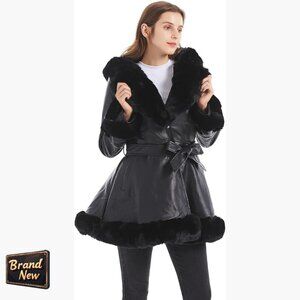 Faux Leather Jacket with Faux Fur Collar, Peplum Parka Coat with Belt